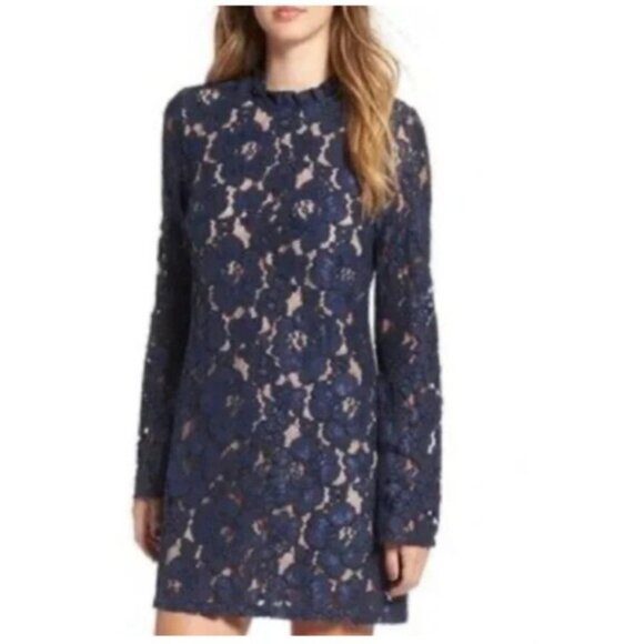 Anthropologie WAYF Dress M Medium Long Sleeve Stretch Blue Cream Romantic NEW - Picture 2 of 12